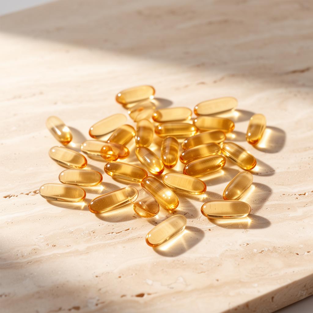 Golden Aura capsules on travertine marble