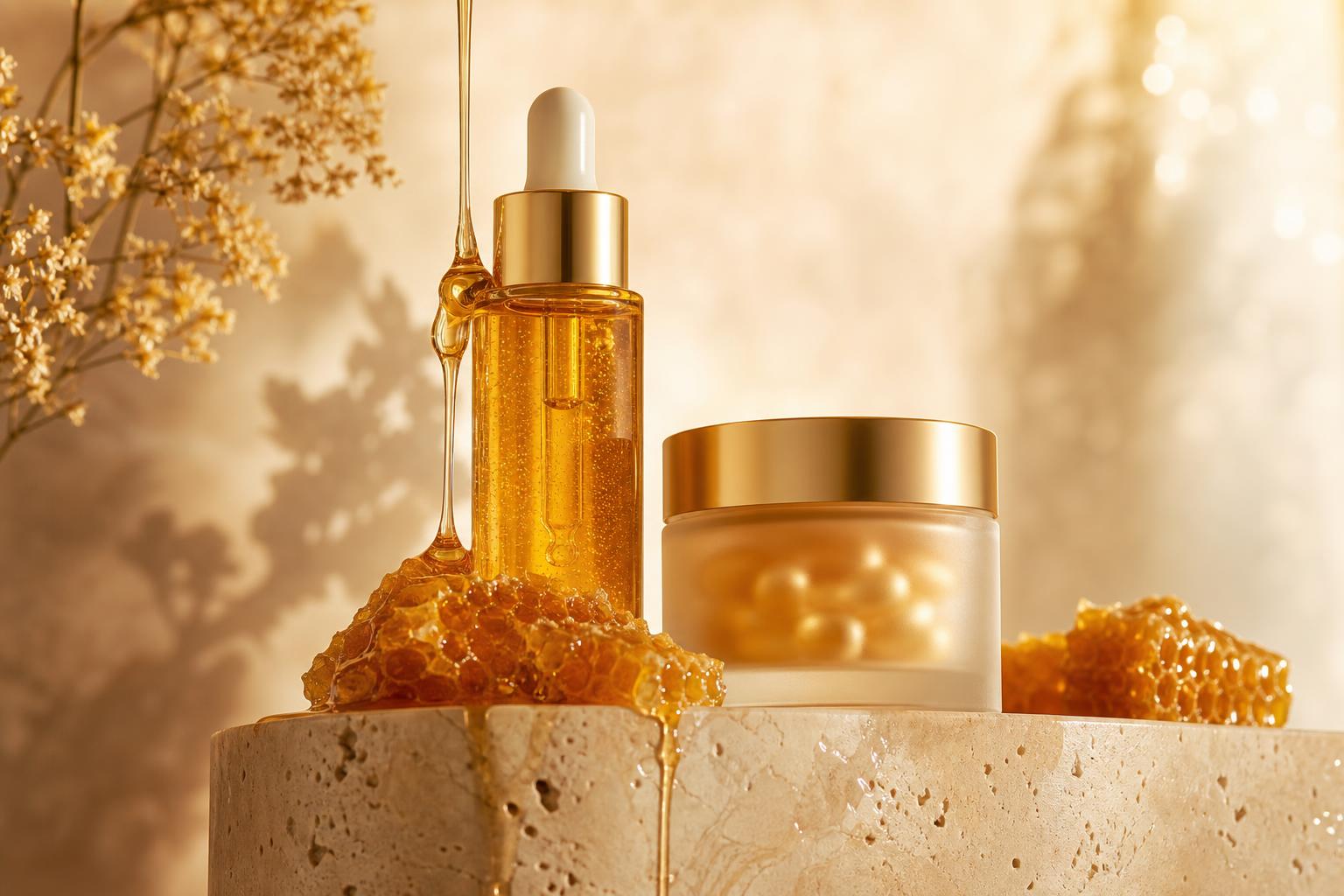 Aura honey serum and supplement jar on travertine pedestal
