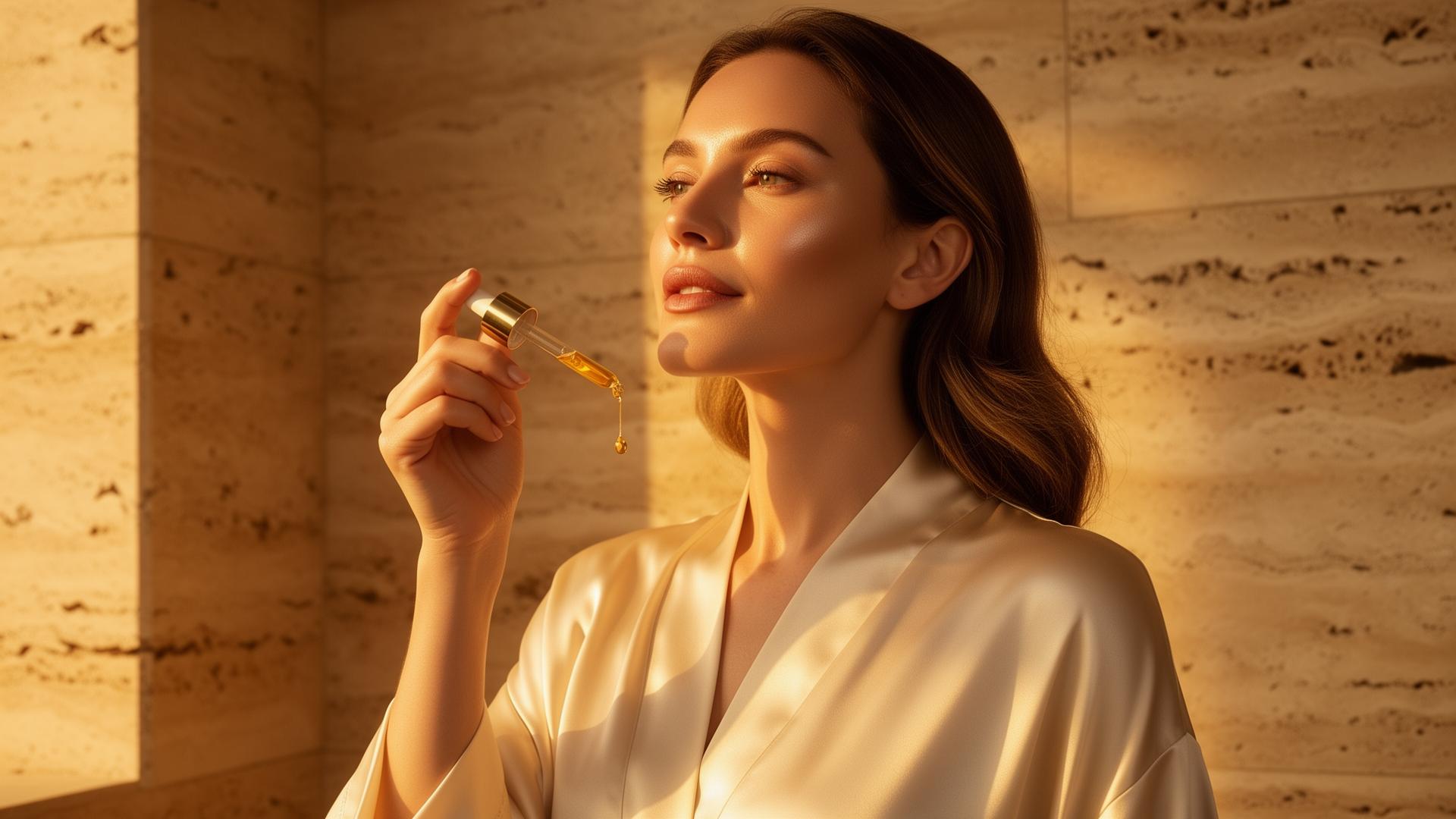 Woman with glowing skin holding Aura serum dropper in soft golden light