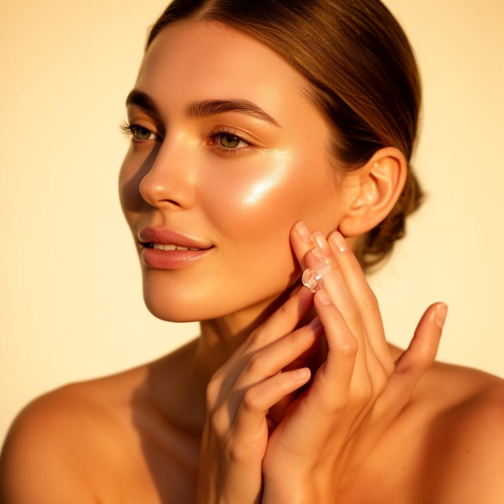 A woman applying Aura serum in soft golden morning light