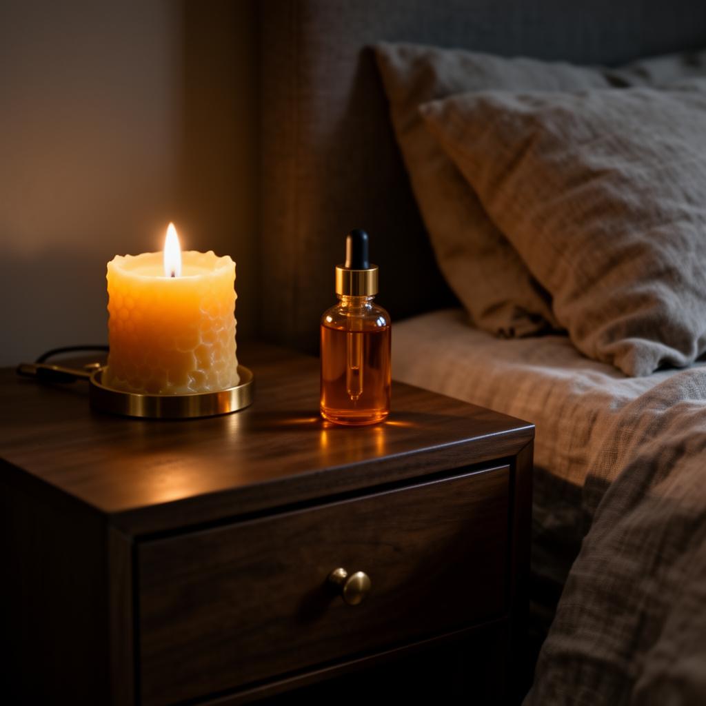 Aura serum and beeswax candle on a nightstand